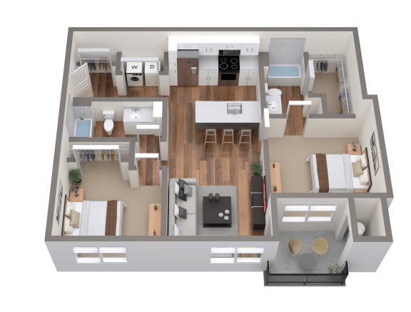 a 3d floor plan of a house with a bedroom and a living room