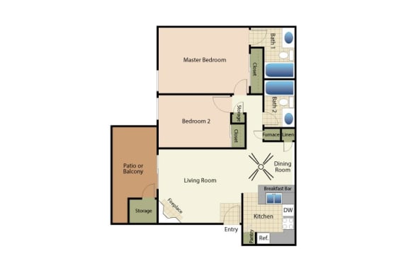 Two bedrooms two bathrooms apartment floorplan