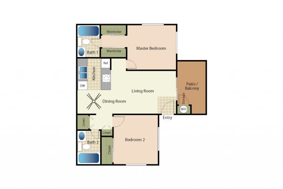 Two bedrooms two bathrooms apartment floorplan