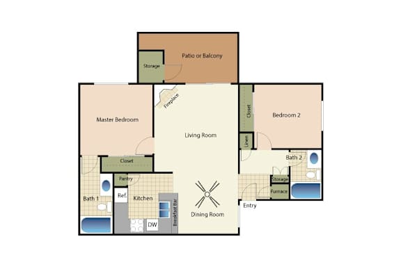 A two bedroom two bath flat 2D floor plan design