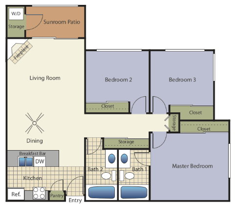 Three bedrooms two bathrooms apartment floorplan