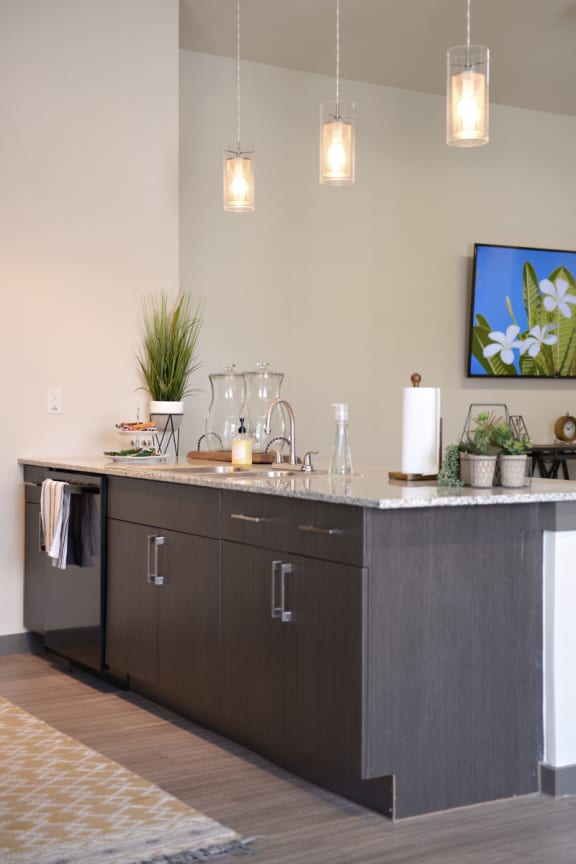 a kitchen with a sink and a counter top at The Liberty Lofts, Gainesville, Texas