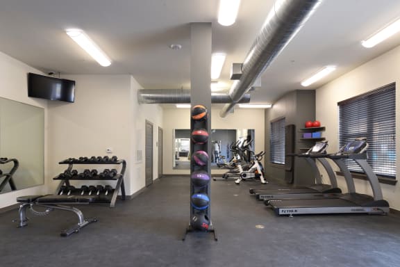 a gym with weights and other exercise equipment and a television at The Liberty Lofts, Gainesville, Texas