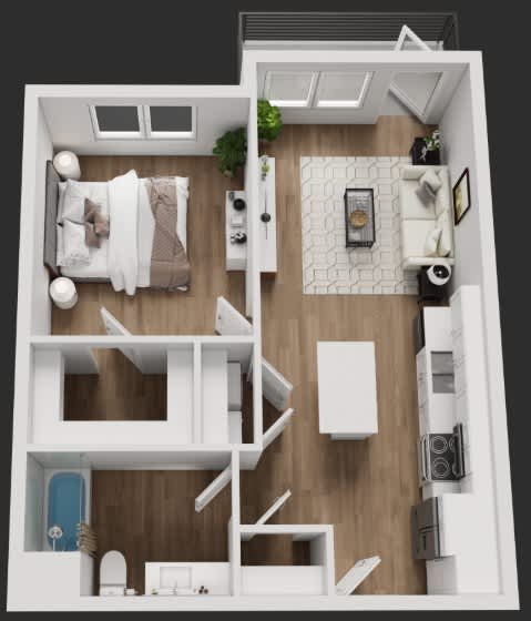 A top-down view of a modern apartment with a bedroom, living room, kitchen, and bathroom at Rock Creek Apartments, Gainesville, 76240
