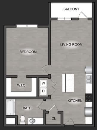 A floor plan of a small apartment with a bedroom, living room, kitchen, and bathroom.