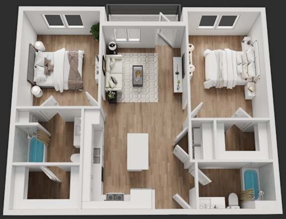 A top-down view of a modern apartment layout with two bedrooms, a living area, and a kitchen at Rock Creek Apartments, Gainesville, Texas, 76240