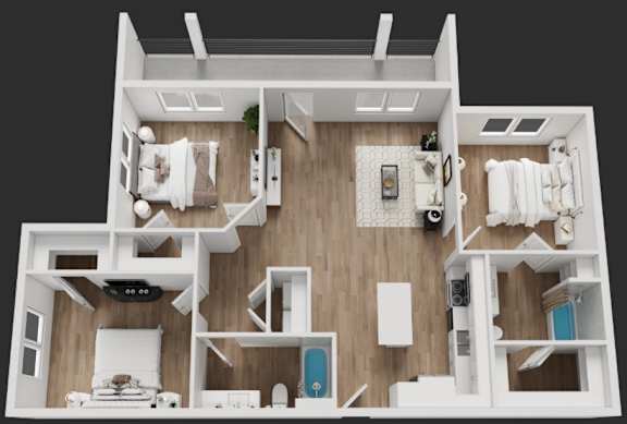 A 3D model of a modern apartment layout  at Rock Creek Apartments, Gainesville, TX
