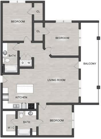 A floor plan of an apartment with two bedrooms, a living room, a kitchen, and a bathroom.