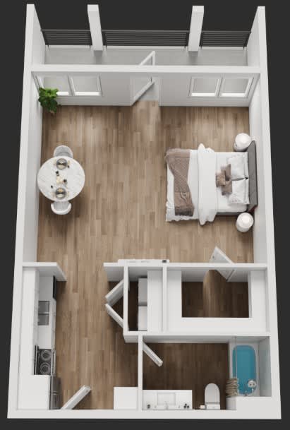A top-down view of a small apartment with a kitchen, living room, and bathroom at Rock Creek Apartments, Gainesville, TX