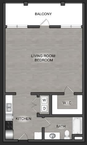 A floor plan of a small apartment with a living room, kitchen, bathroom, and balcony.