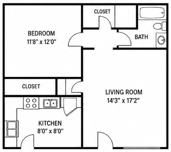 A black and white image of a floor plan for a small apartment.