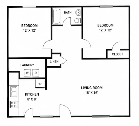 A floor plan of a small apartment with two bedrooms, a living room, a kitchen, a laundry room, and a bathroom.
