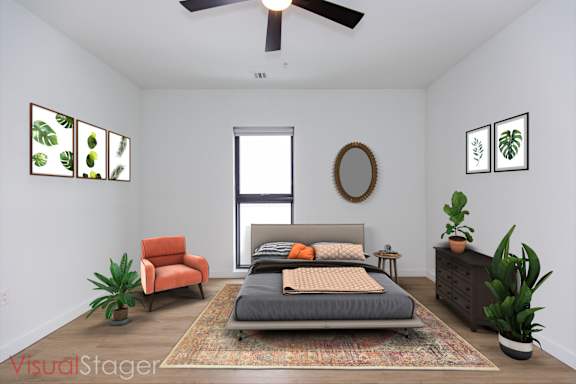 Bedroom with Bed and Ceiling Fan at Cannery Flats, Bozeman, 59715
