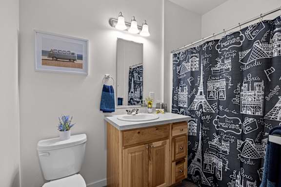 shower curtain with mirror and wall painting at Majestic Drive, Missoula, MT 59808