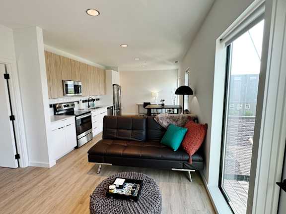Living room with couch at Cannery Flats, Bozeman,