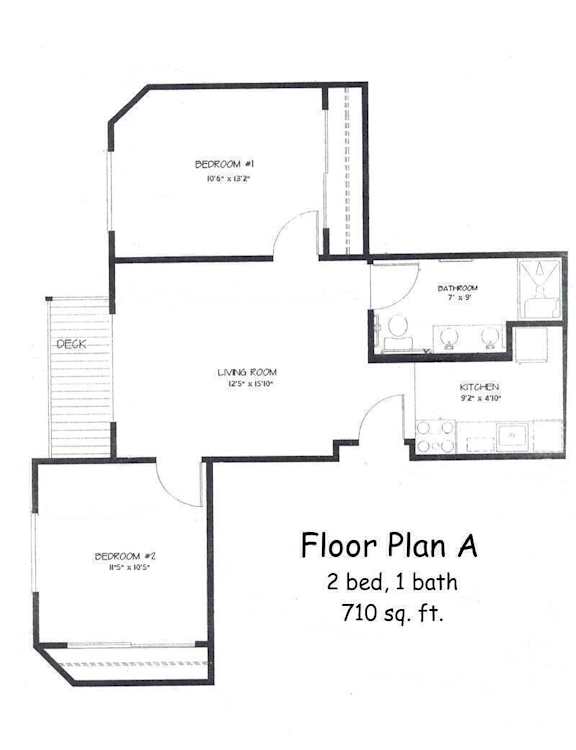A black and white image of a floor plan for a 2 bedroom, 1 bathroom apartment.