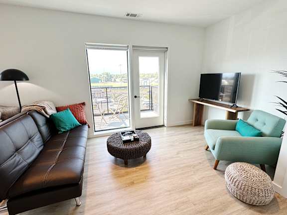 Living room with comfortable couch at Cannery Flats, Montana