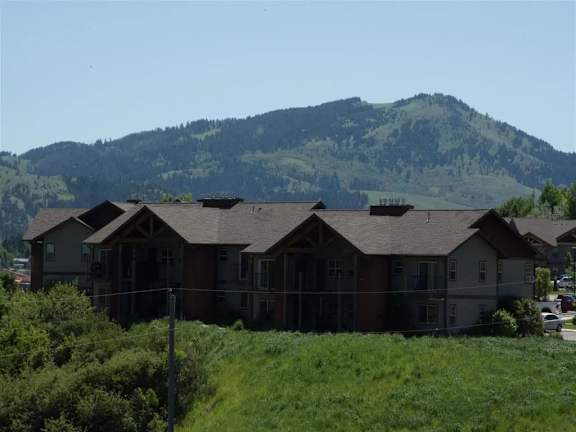 A row of houses with a mountain in the background.