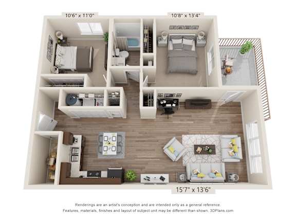 A floor plan of a two-bedroom apartment with a living room, kitchen, and bathroom.