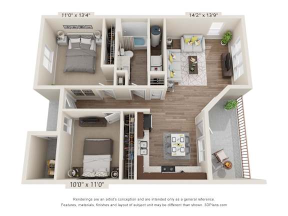 A 10x10 room layout with a kitchen, living room, and two bedrooms.