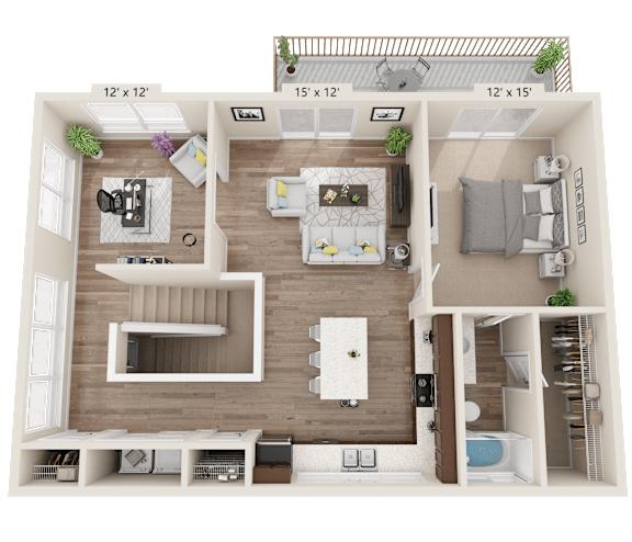 A 3D floor plan of a house showing a living room, kitchen, and bedrooms.