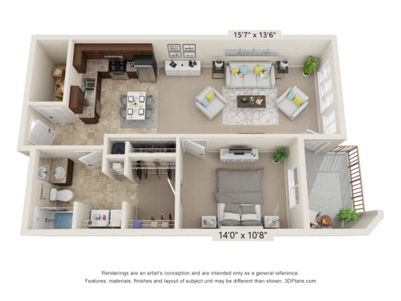 a stylized floor plan of a 1 bedroom apartment  at Brooklyn West, Missoula
