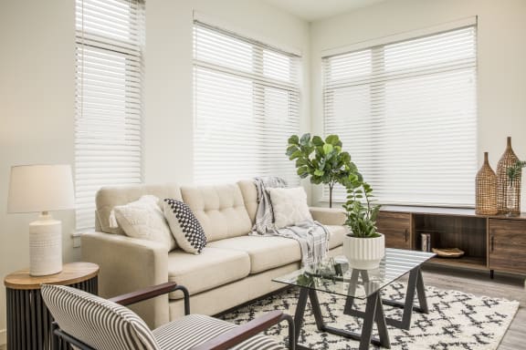 a living room with a couch and a glass table