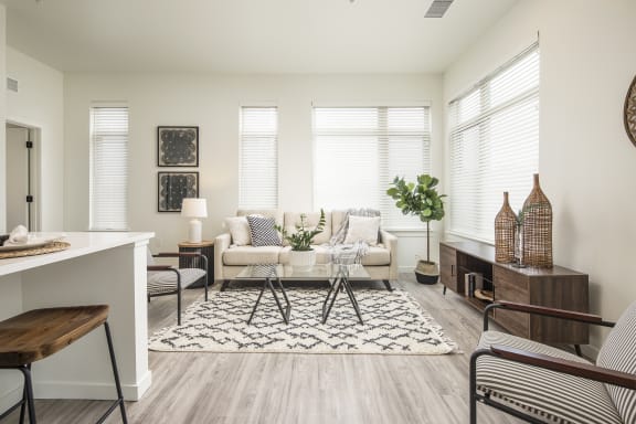a living room with a couch and a table