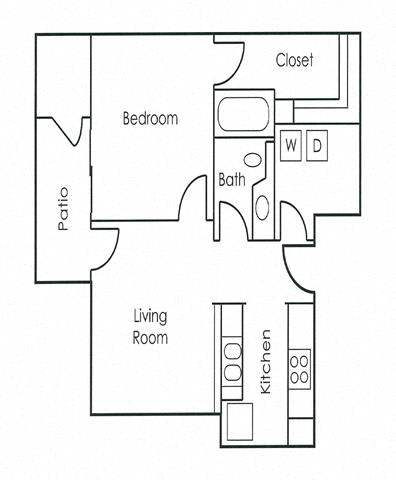 A floor plan of a small apartment with a living room, kitchen, bedroom, bathroom, and closet.