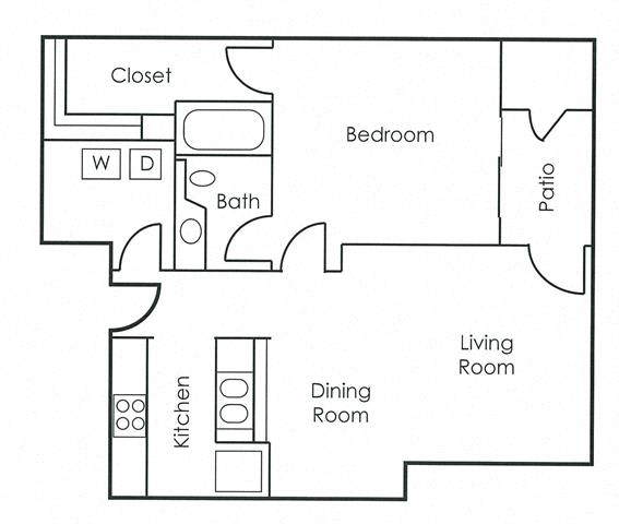 A floor plan of a small apartment with a kitchen, living room, bedroom, and bathroom.