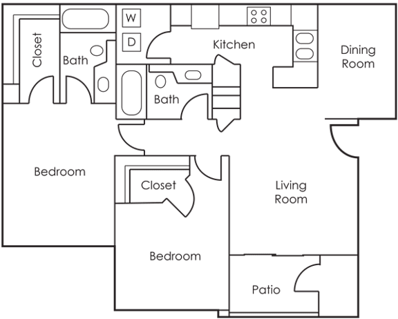 A floor plan of a house with a kitchen, dining room, living room, and two bedrooms.