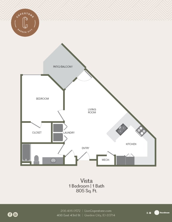 Floor Plan  1 Bed 1 Bath 805 SF Floor Plan at Copestone, Garden City, 83714