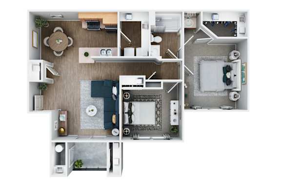 A top-down view of a small apartment with a kitchen, living room, and bathroom.