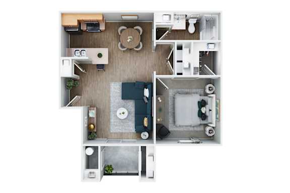 A top-down view of a small apartment with a kitchen, living room, and bathroom.