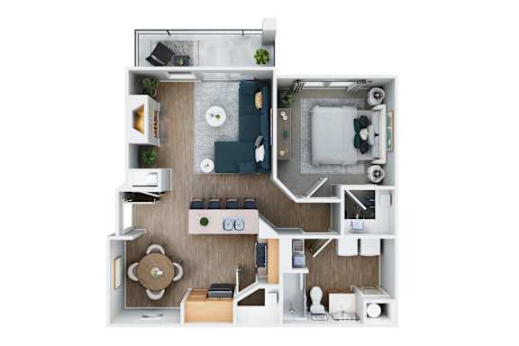 A top-down view of a small apartment with a kitchen, living room, and bathroom.