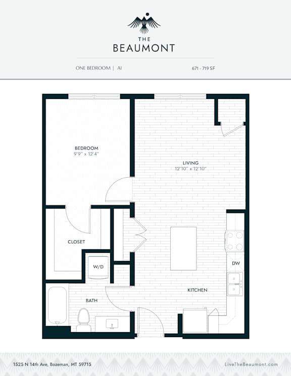 A1 One Bedroom One Bathroom Floorplan at The Beaumont Apartments, Montana