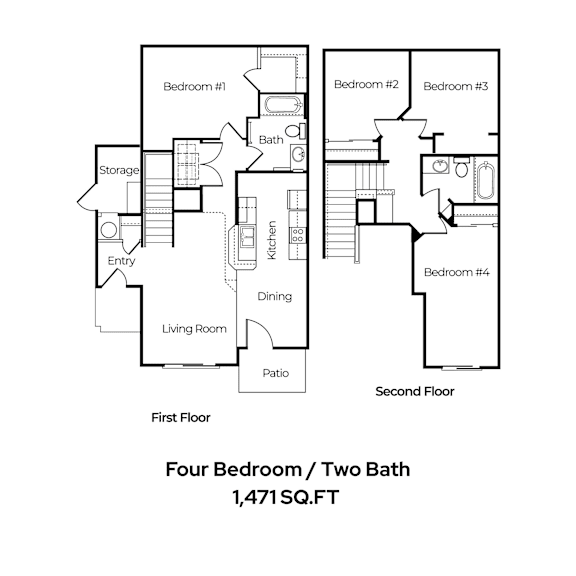 A drawing of a four bedroom house with two bathrooms.