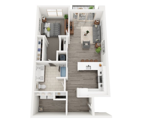 a 3d floor plan of a bedroom with a bathroom and a living room