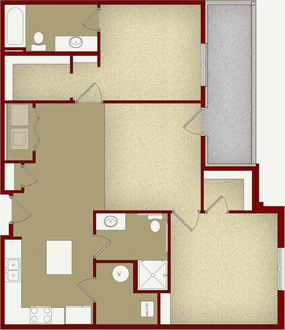 a floor plan of a home with a brown and white siding at InterUrban Apartments, Billings