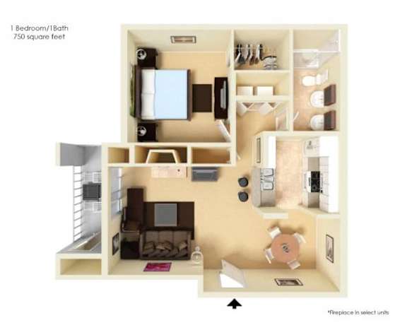 One bed one bathroom floorplan with balcony at Edgewater Apartments, Idaho