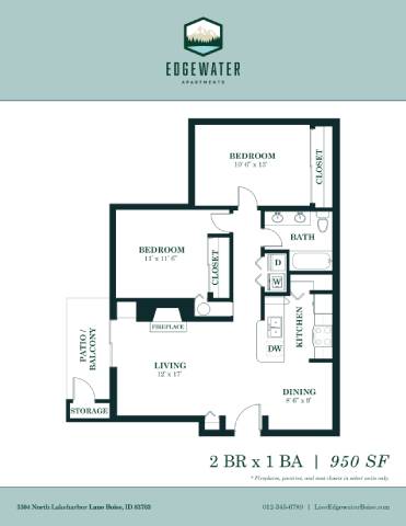 2 bed 1 bath floorplan at Edgewater Apartments, Boise