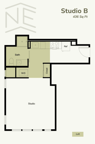 A floor plan for Studio B shows a bathroom, a work desk, and a loft.