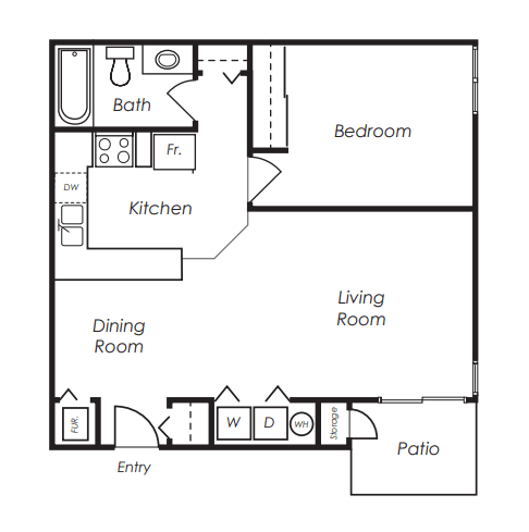 A floor plan of a house with a living room, dining room, kitchen, bedroom, bathroom, and patio.