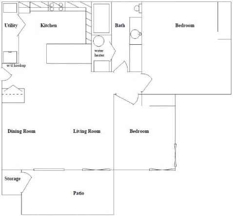 A floor plan of a house with a kitchen, living room, dining room, bedrooms, bathroom, utility, water heater, and storage.