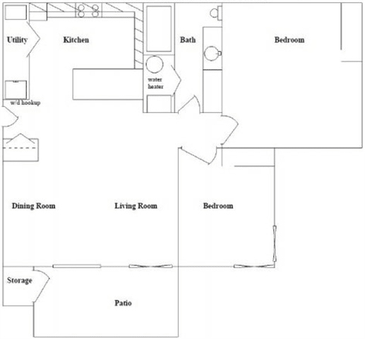 A floor plan of a house with a kitchen, living room, dining room, bedrooms, bathroom, utility, storage, and patio.