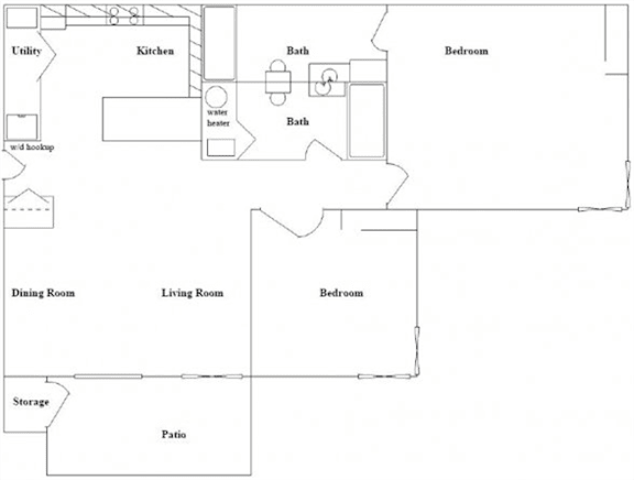 A floor plan of a house with a kitchen, living room, dining room, patio, and two bedrooms.