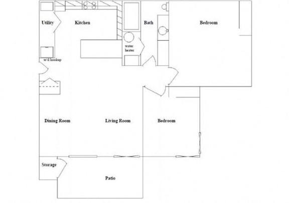 A floor plan of a house with a kitchen, dining room, living room, two bedrooms, a bathroom, and a storage area.