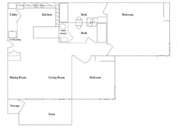 A floor plan of a house with a kitchen, dining room, living room, two bedrooms, a bathroom, a utility room, and storage.