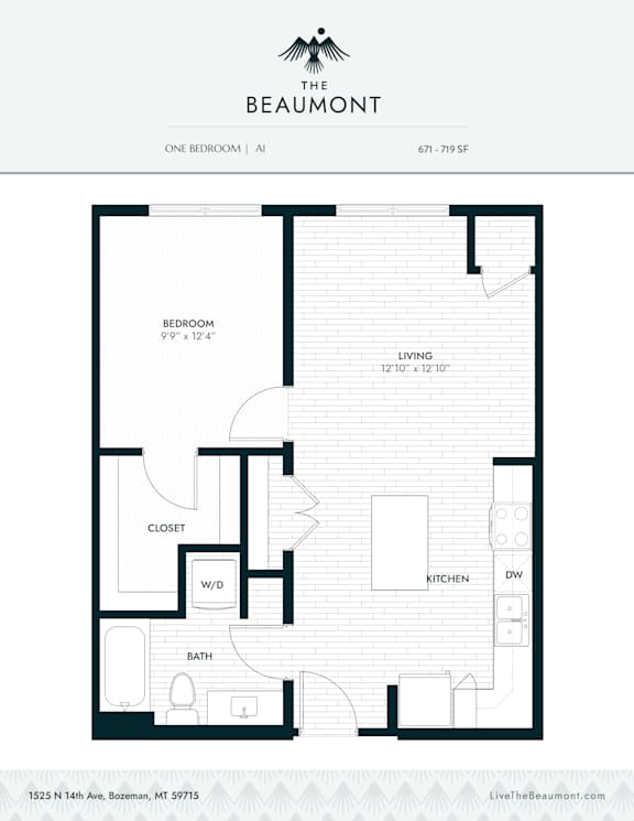 A1 One Bedroom One Bathroom Floorplan at The Beaumont Apartments, Montana