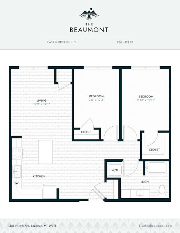 B1 Two Bedroom One Bathroom Floorplan at The Beaumont Apartments, Montana, 59715